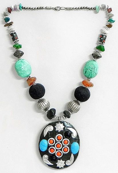 Multicolor Stone Bead Tibetan Necklace with White Metal Pendant