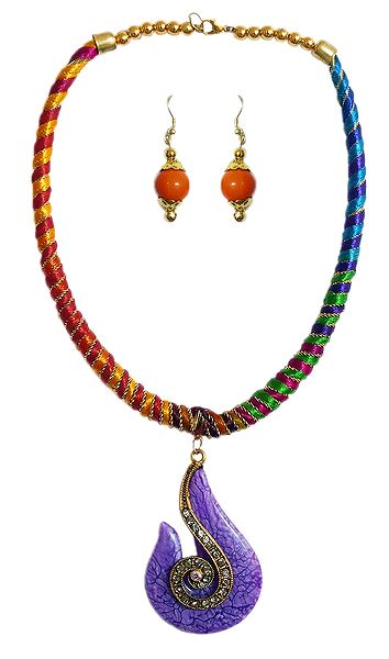 Multicolor Threaded Tibetan Necklace with Stone Pendant and Earrings