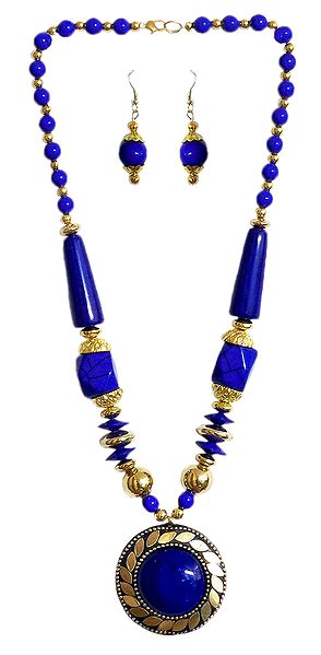 Blue with Golden Bead Tibetan Necklace with Earrings