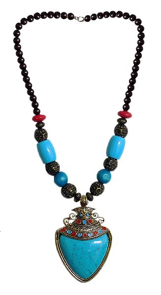 Cyan with Brown Bead Tibetan Necklace