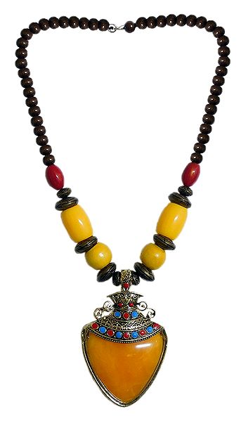 Yellow with Brown Bead Tibetan Necklace