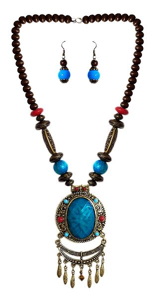 Blue with Brown Bead Tibetan Necklace and Earrings