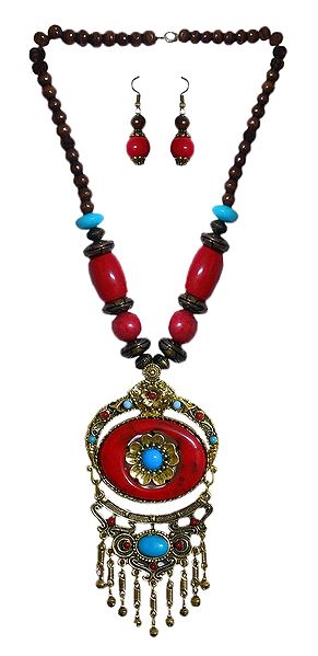 Red with Brown Bead Tibetan Necklace and Earrings