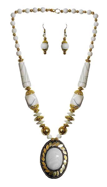 White with Golden Bead Tibetan Necklace and Earrings