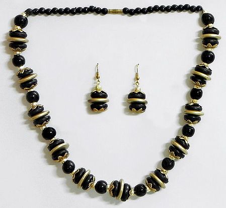 Black with Golden Wheel Bead Tibetan Necklace with Earrings