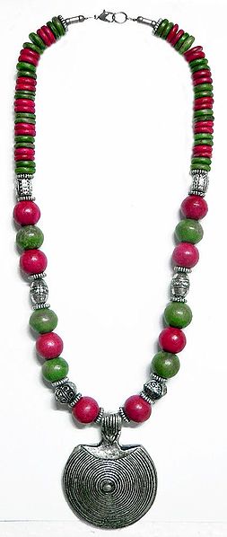 Red and Olive Green Wheel Bead Necklace 