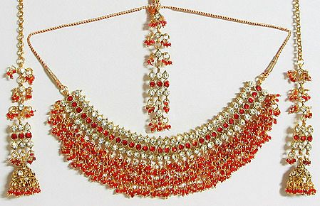 White and Saffron Stone Studded Necklace with Earrings and Maang Tikka