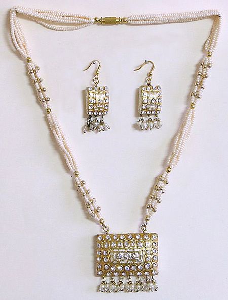 White Beaded Meenakari Necklace with Earrings