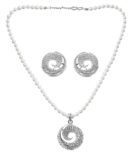Faux Pearl Necklace with White Zirconia Pendant and Earrings