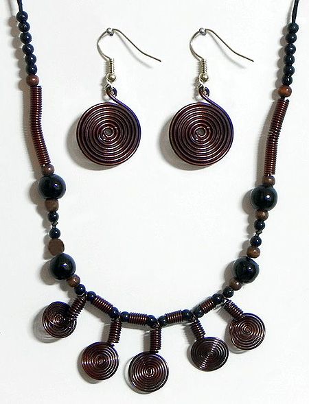 Copper Wire with Black Cord Necklace and Earrings
