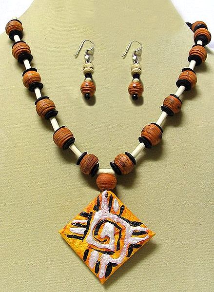 Wooden Bead Necklace and Earrings with Terracotta Pendant