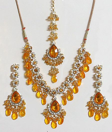 Yellow and White Stone Studded Necklace with Earrings and Maang Tikka