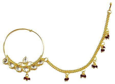 Gold Plated Non Piercing Kundan Nath with Chain
