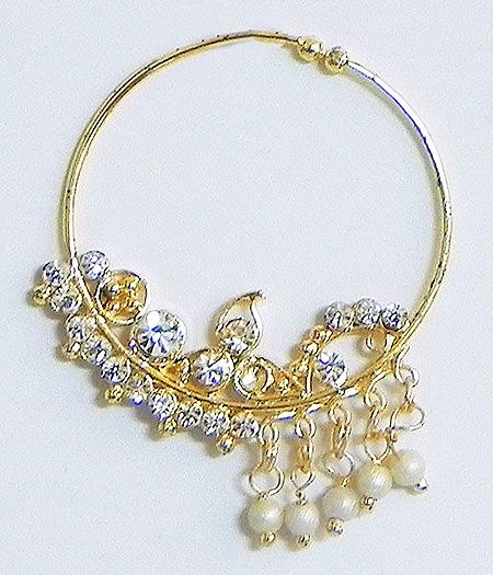 White Stone Studded and Gold Plated Nose Ring