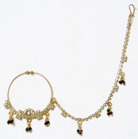 White Stone Studded Non Piercing Nose Ring with Chain and Green, Maroon Beads