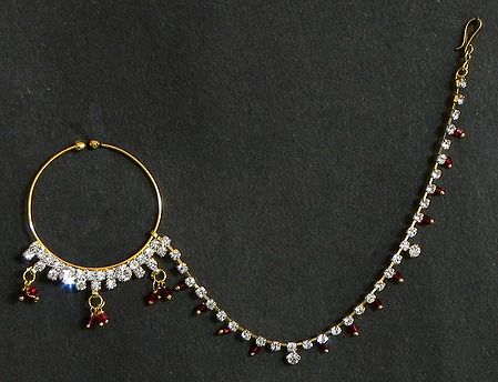 Maroon Beads and White Stone Studded and Gold Plated Nose Ring with Chain
