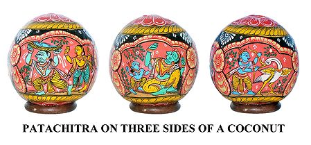 Krishna Leela - Pata Painting on Three Sides of Hanging Coconut