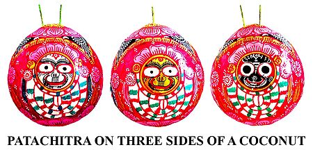 Jagannath,Balaram, Subhadra - Pata Painting on 3 Sides of a Hanging Coconut