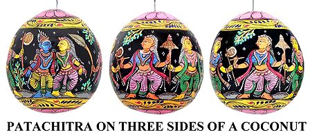 Radha Krishna - Pata Painting on Three Sides of Hanging Coconut