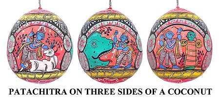 Sri Krishna Leela - Pata Painting on Three Sides of Hanging Coconut