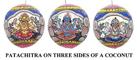 Brahma, Vishnu and Shiva - Pata Painting on Three Sides of Hanging Coconut