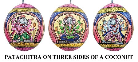 Lord Ganesha - Pata Painting on Three Sides of Hanging Coconut