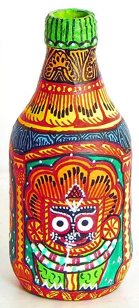 Flower Vase - Jagannathdev Pata Painting on Three Sides of Papier Mache Glass Bottle