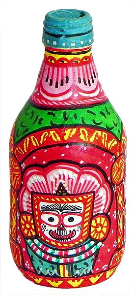 Flower Vase - Jagannathdev Pata Painting on Three Sides of Papier Mache Glass Bottle 