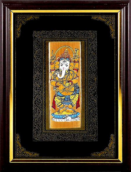 Lord Ganesha - Patachitra on Palm Leaf - Framed Wall Hanging 