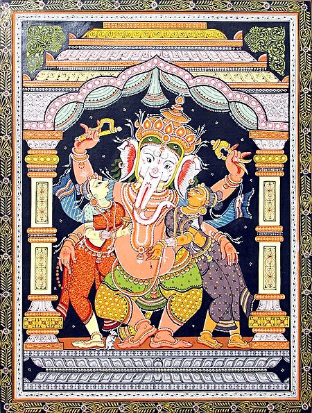 Ganesha with His Two Consorts Riddhi and Siddhi