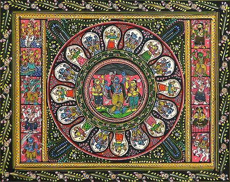 Krishna Lifting Giri Govardhan Surrounded by Raas yatra and Dashavatara Depictions