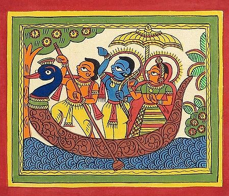Lord Rama Sita and Lakshmana Riding on a Boat
