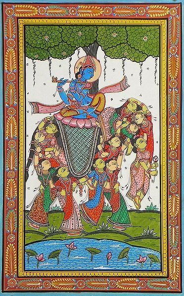 Krishna Riding a Beautiful Nari Kunjar (Elephant Made of Gopinis)