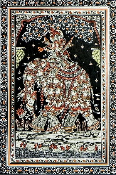 Murlidhara Krishna Riding a Beautiful Nari Kunjar (Elephant Made of Gopinis)