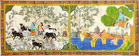 Cowherd Krishna with Gopis and Krishna Stolen Vastras of Gopinis - Scenes from Krishna Leela