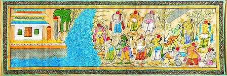Hanuman and the Vanar Sena Build a Bridge of Rocks Across the Sea to Lanka - Scene from Ramayana
