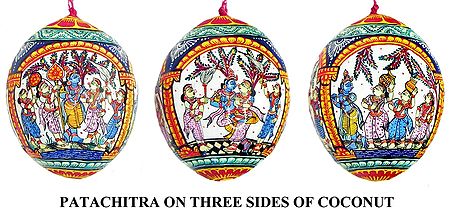 Krishna Leela - Pata Painting on Three Sides of Hanging Coconut