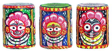 Set of Three Wooden Paper weights with Paata Painting of Jagannath, Balaram and Subhadra All Around