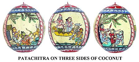 Scenes from the Life of Sita - Pata Painting on Three Sides of Hanging Coconut
