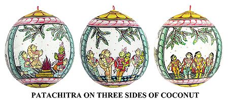 Tales from the Begining of Ramayana - Pata Painting on Three Sides of Hanging Coconut