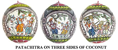 Krishna Lila - Pata Painting on Three Sides of Hanging Coconut