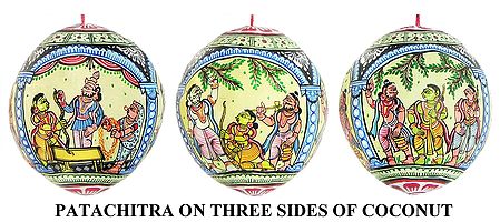 Tales from the Life of Young Rama - Pata Painting on Three Sides of Hanging Coconut