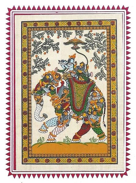 Radha Krishna Sitting on a Beautiful Elephant Made of Gopinis