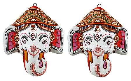 Pair of Ganesha Papier Mache Mask - Wall Hanging