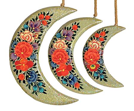 Hand Painted Hanging Papier Mache Moons from Kashmir (Set of Three)