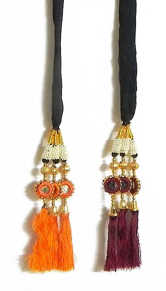 A Pair of Parandi - For Hair Braids with Saffron and Maroon Tassels