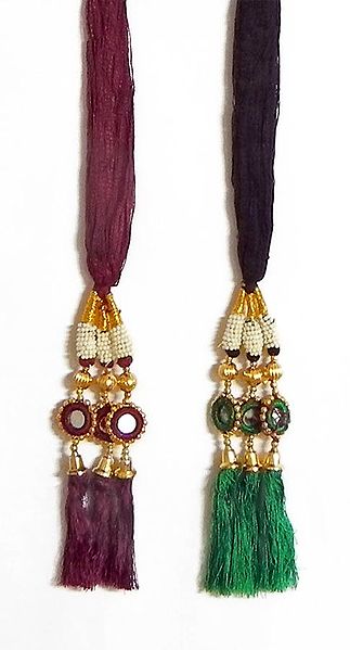 A Pair of Parandi - For Hair Braids with Green and Maroon Tassels