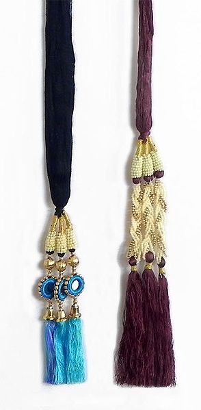 A Pair of Parandi - For Hair Braids with Cyan Blue and Maroon Tassels