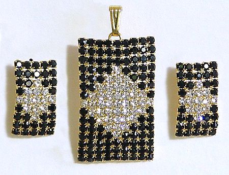Black and White Stone Studded Rectangle Pendant and Earrings