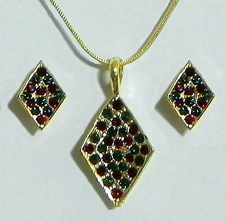 Golden Chain with Maroon and Green Stone Studded  Pendant and Earrings